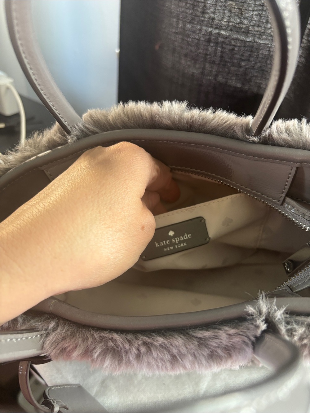 kate spade Gray  Fur Tote with Leather Handles - Picture 13 of 17